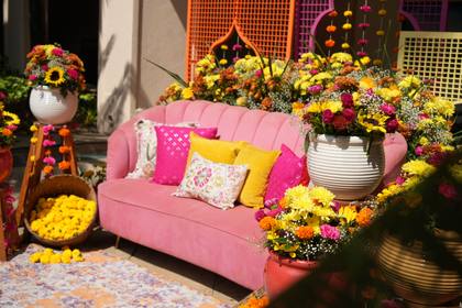 Lounge and Floral detail — Haldi decor — Taj Exotica